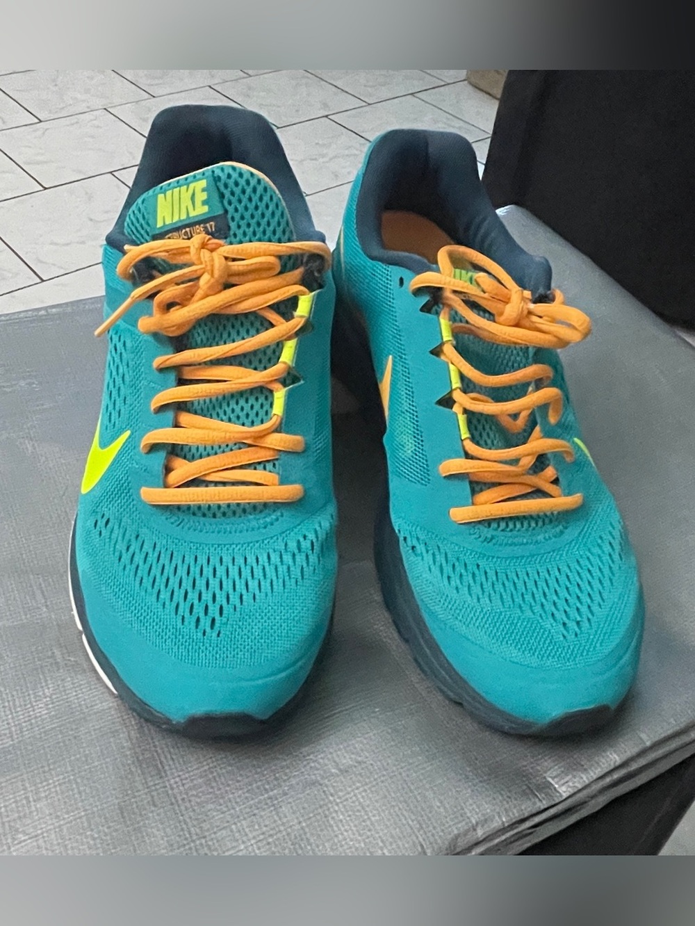 Nike structure 17 Teal Athletic Shoes with Orange Laces and Yellow Swoosh